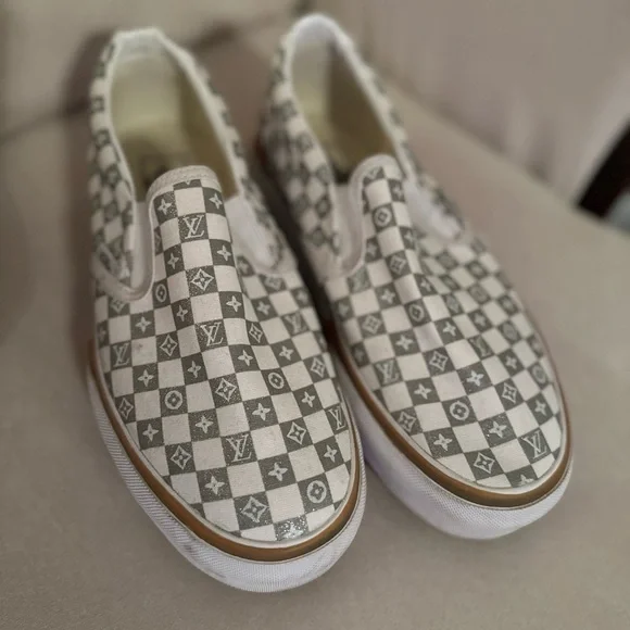 Louis Vuitton Monogram Checkered Slip-Ons in Gray and White - Picture 2 of 3